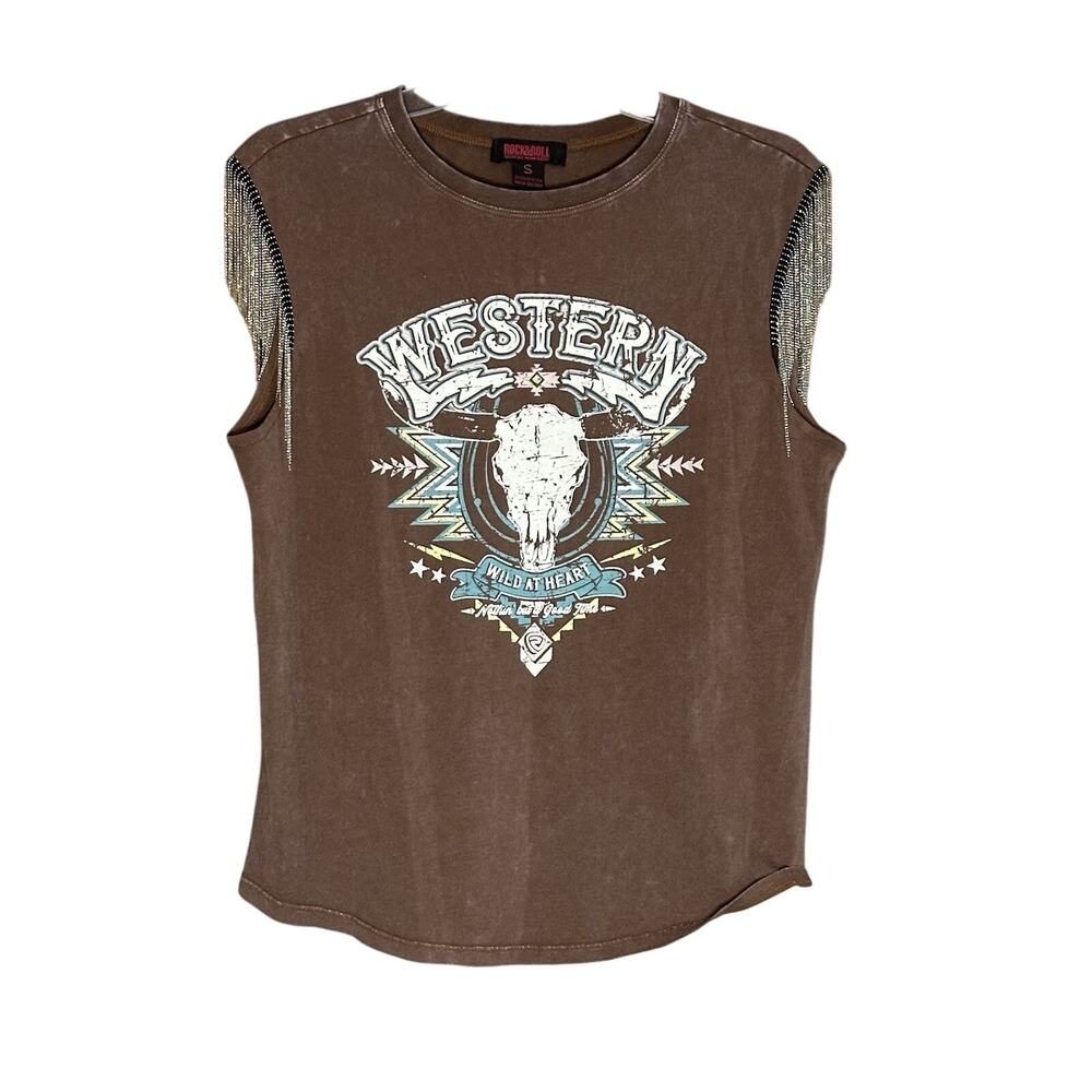 Rock N Roll Denim Western Women’s Shirt Sleeveless Tee Beading Size S Cowgirl
